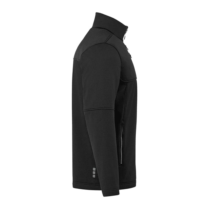 Men's Joris Eco Waterproof Softshell Jacket - A black men's softshell jacket with a high collar and zippered pockets, featuring a logo.