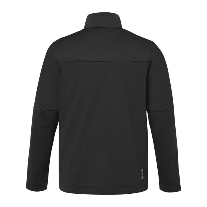 Men's Joris Eco Waterproof Softshell Jacket - A black men's eco waterproof softshell jacket with a high collar and a back seam design, featuring a logo.