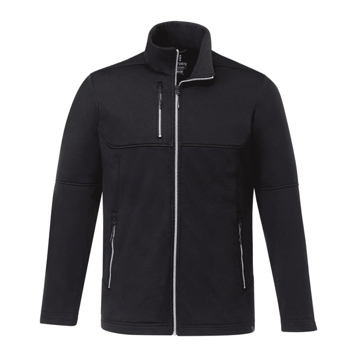 Men's Joris Eco Waterproof Softshell Jacket - A black softshell jacket with a zip front, high collar, and two front zip pockets, featuring a logo.