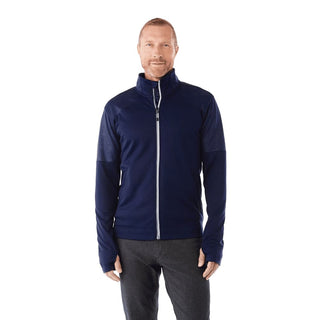 Men's Senger Knit Full Zip Performance Jacket w/ Thumb Holes - A men's navy performance jacket featuring a full zip and thumb holes, with an attached logo.