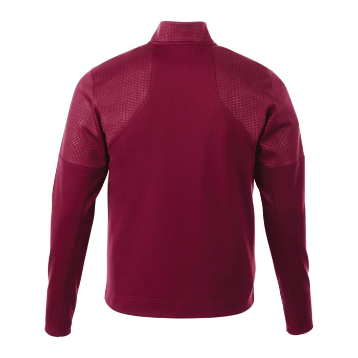 Men's Senger Knit Full Zip Performance Jacket w/ Thumb Holes - A burgundy men's performance jacket featuring a full zip and thumb holes, with a textured design and a logo.