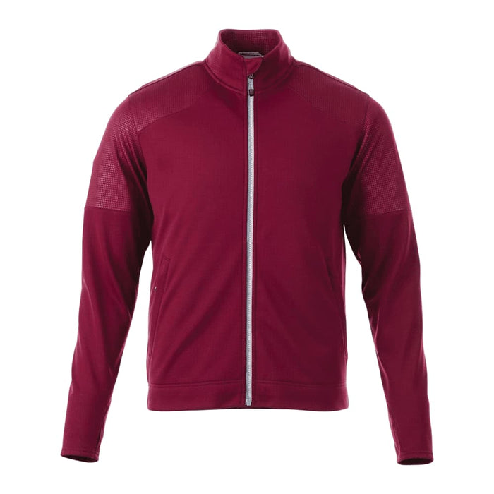 Men's Senger Knit Full Zip Performance Jacket w/ Thumb Holes - A maroon full zip performance jacket with thumb holes and a logo. Features a sleek design and ribbed shoulder detailing.