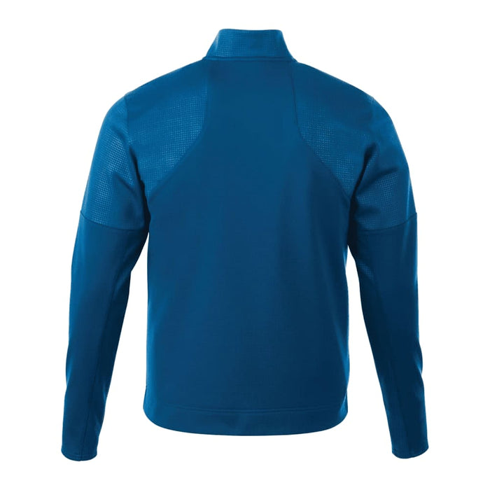 Men's Senger Knit Full Zip Performance Jacket w/ Thumb Holes - A blue men's performance jacket with thumb holes and a textured back, featuring a logo.