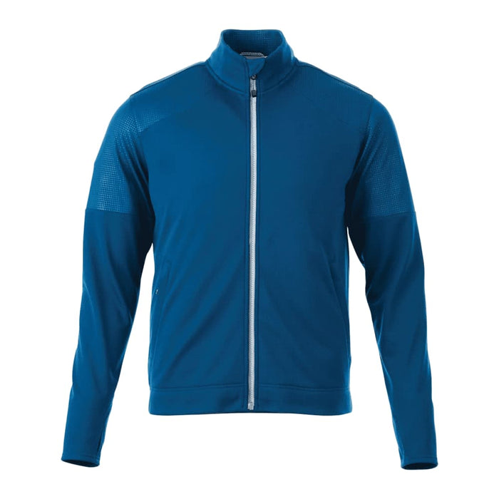 Men's Senger Knit Full Zip Performance Jacket w/ Thumb Holes - A blue performance jacket featuring a full zip and thumb holes, designed for comfort and style. It includes a logo.