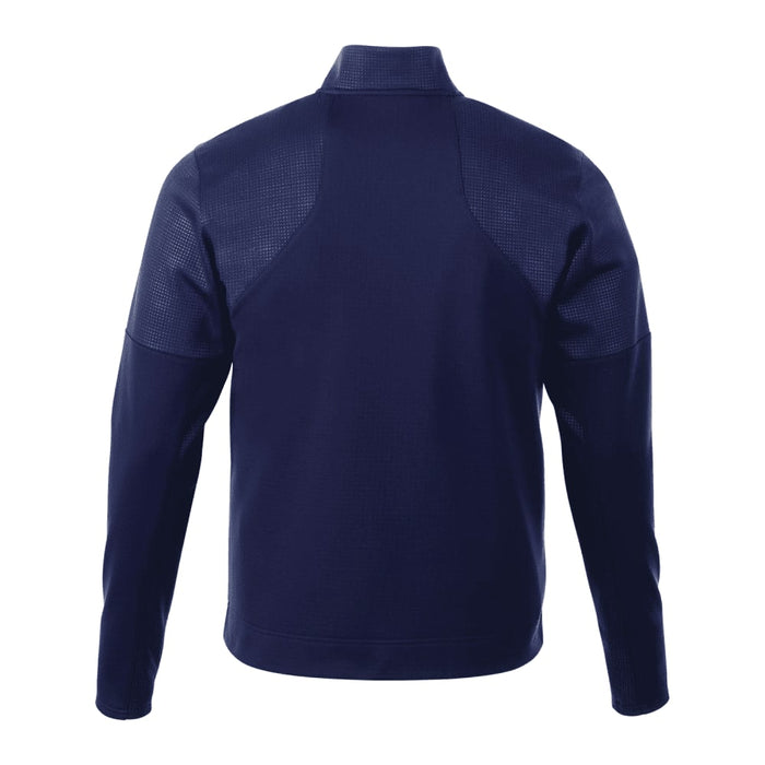 Men's Senger Knit Full Zip Performance Jacket w/ Thumb Holes - A navy blue men's performance jacket featuring a full zip and thumb holes, with a textured design and branding.