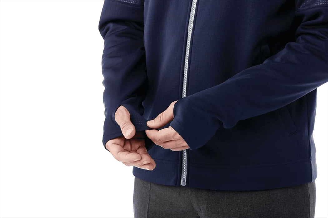 Men's Senger Knit Full Zip Performance Jacket w/ Thumb Holes - Men's navy blue Senger Knit Full Zip Performance Jacket with thumb holes, featuring a zip front and pockets.