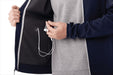 Men's Senger Knit Full Zip Performance Jacket w/ Thumb Holes - A navy performance jacket with a grey inner lining, featuring thumb holes and an earphone port inside.