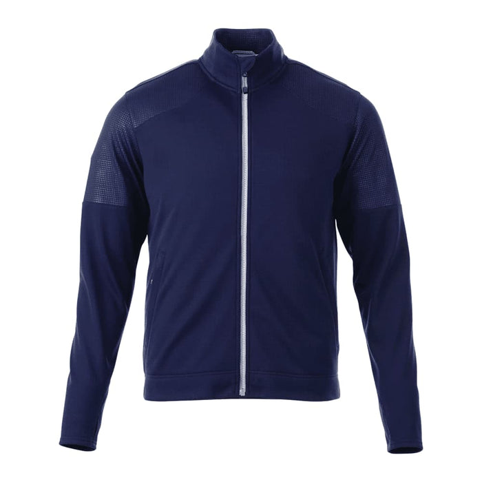 Men's Senger Knit Full Zip Performance Jacket w/ Thumb Holes - A navy performance jacket with a full zip and thumb holes, featuring a subtle textured design and a logo.