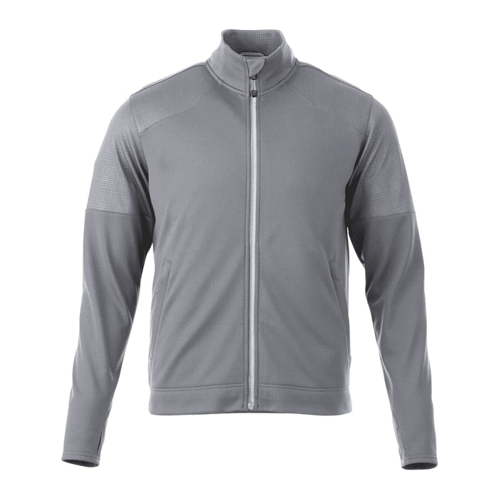 Men's Senger Knit Full Zip Performance Jacket w/ Thumb Holes - A grey full zip performance jacket with thumb holes, featuring a logo and textured detailing.