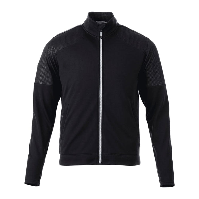 Men's Senger Knit Full Zip Performance Jacket w/ Thumb Holes - A black full zip performance jacket with thumbholes, featuring textured detailing and a logo.
