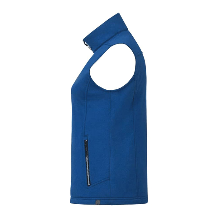 Women's Joris Eco Waterproof Softshell Vest - A blue women's softshell vest featuring a high collar and side zip pocket, with a logo on the design.
