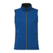 Women's Joris Eco Waterproof Softshell Vest - A sleeveless blue softshell vest with a high collar and zippered pockets, featuring a logo.