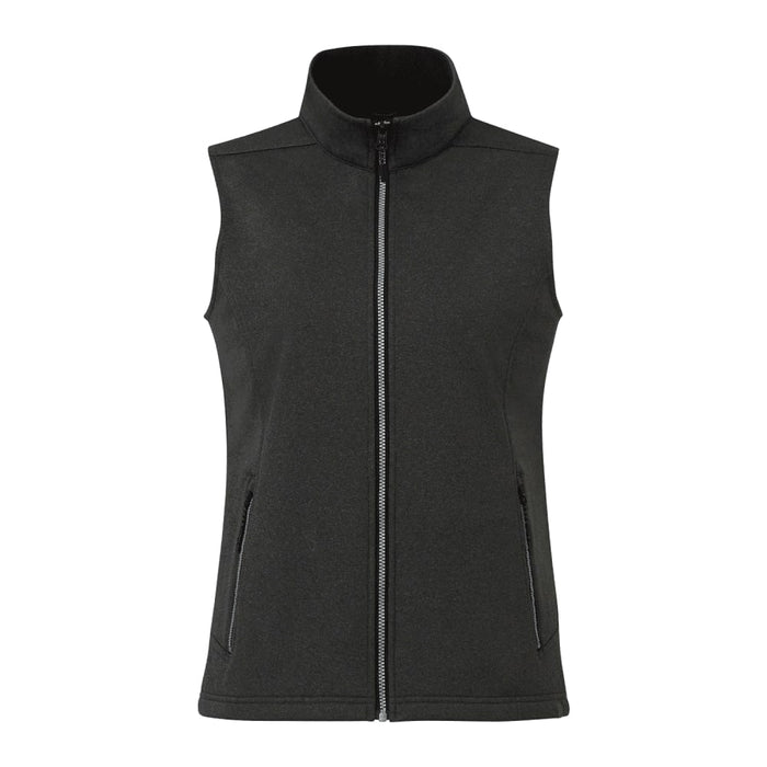 Women's Joris Eco Waterproof Softshell Vest - A black waterproof softshell vest with a zip front and side pockets, featuring a high collar and no sleeves.