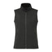 Women's Joris Eco Waterproof Softshell Vest - A black waterproof softshell vest with a zip front and side pockets, featuring a high collar and no sleeves.