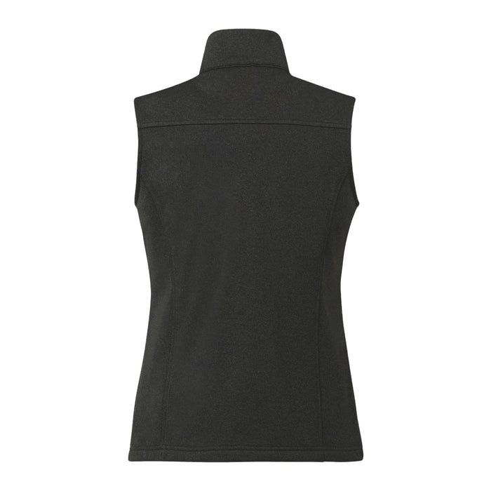 Women's Joris Eco Waterproof Softshell Vest - A dark grey women's softshell vest with a high collar and a fitted design, featuring a logo on the back.