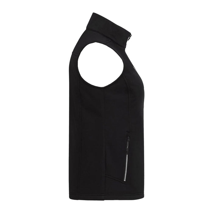 Women's Joris Eco Waterproof Softshell Vest - A black women's eco waterproof softshell vest with a high collar and a zippered side pocket.