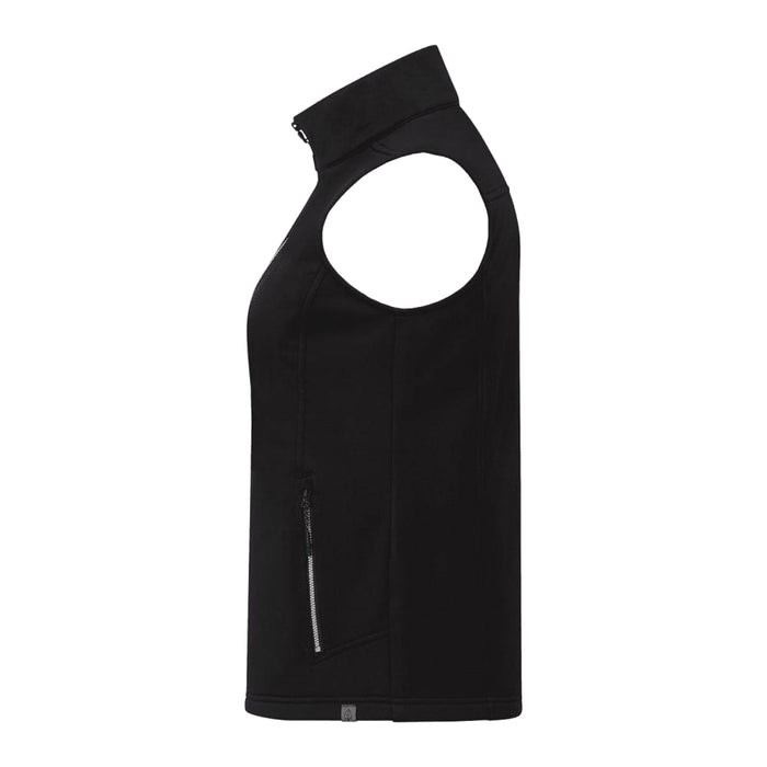 Women's Joris Eco Waterproof Softshell Vest - A black women's eco waterproof softshell vest featuring a high collar and side zip pocket, with a logo.