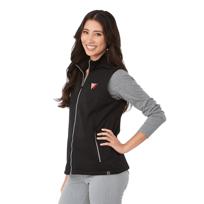 Women's Joris Eco Waterproof Softshell Vest - A black eco waterproof softshell vest with a grey sleeve, featuring a logo on the chest.