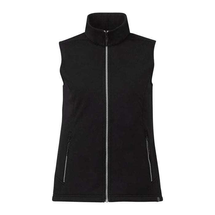 Women's Joris Eco Waterproof Softshell Vest - A black women's eco waterproof softshell vest with a high collar and zippered pockets, featuring a logo.