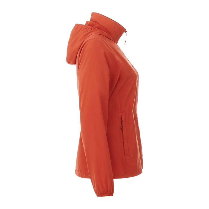 Women's TOBA Packable Jacket - A women's packable jacket in vibrant orange with a hood and side pockets. It features a logo on the front.