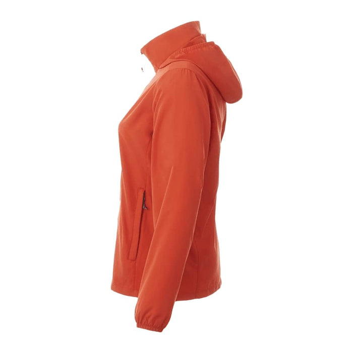 Women's TOBA Packable Jacket - A packable women's jacket in bright orange, featuring a hood and side pockets, with a logo visible.