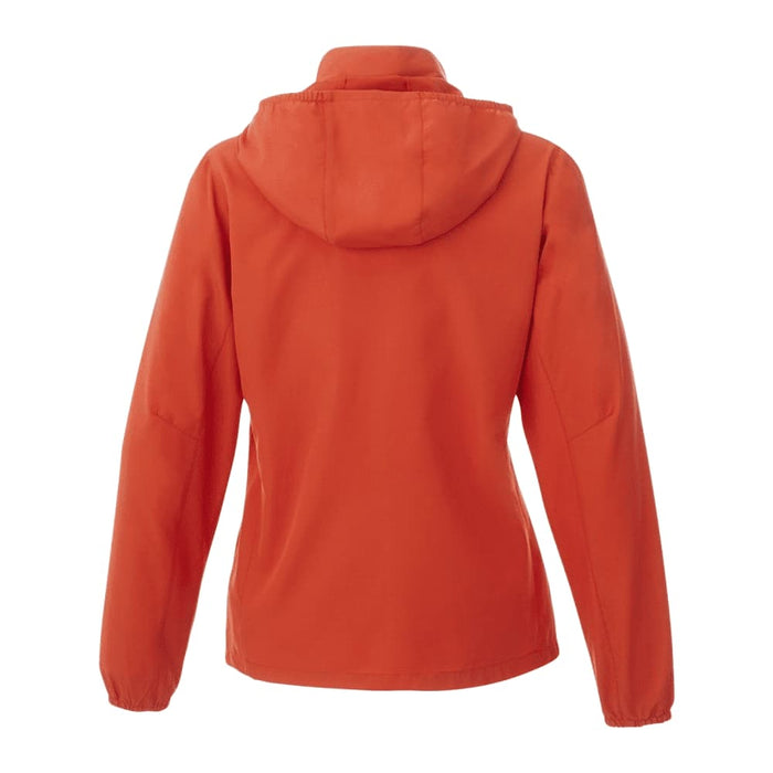 Women's TOBA Packable Jacket - An orange women's packable rain jacket featuring a hood and a branded logo on the back.