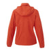 Women's TOBA Packable Jacket - An orange women's packable rain jacket featuring a hood and a branded logo on the back.