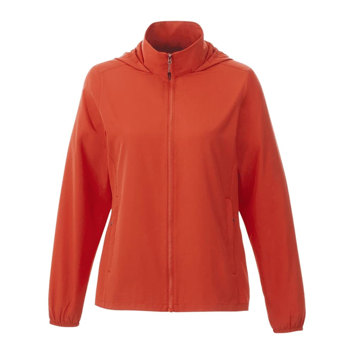 Women's TOBA Packable Jacket - A women's packable jacket in vibrant red, featuring a hood and zippered front. The jacket also has a logo.