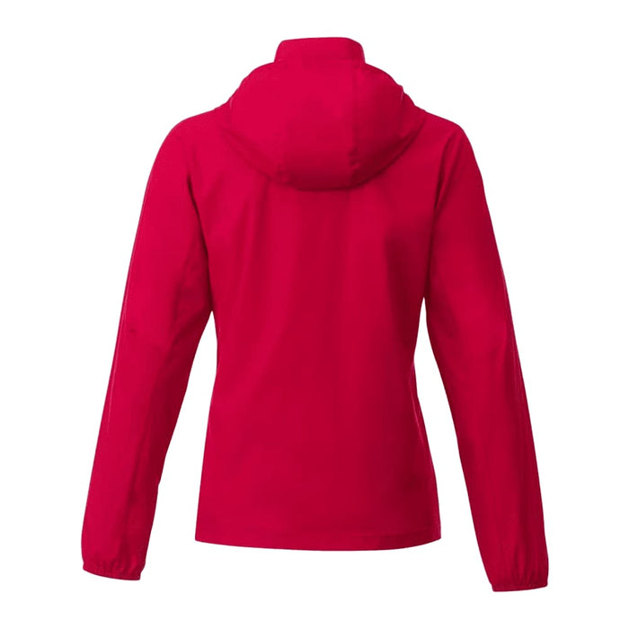 Women's TOBA Packable Jacket - A red women's packable rain jacket featuring a hood and long sleeves, showcasing a back view.