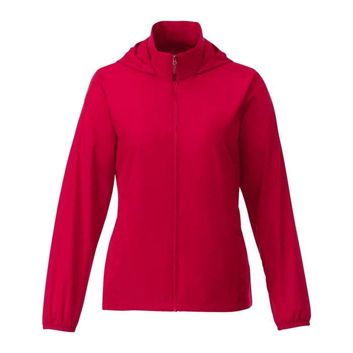 Women's TOBA Packable Jacket - A red women's packable jacket featuring a zip front and hood. The jacket has a logo on it.