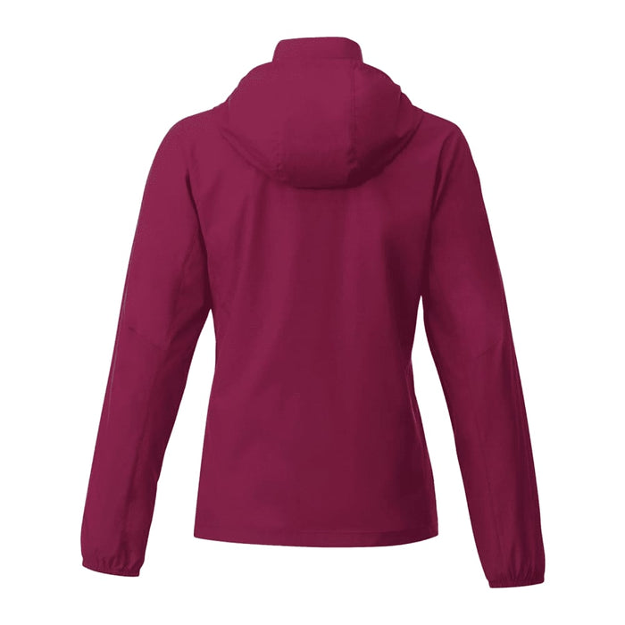 Women's TOBA Packable Jacket - A maroon Women's TOBA Packable Jacket featuring a hood, designed for rain protection. The back view shows a simple silhouette.