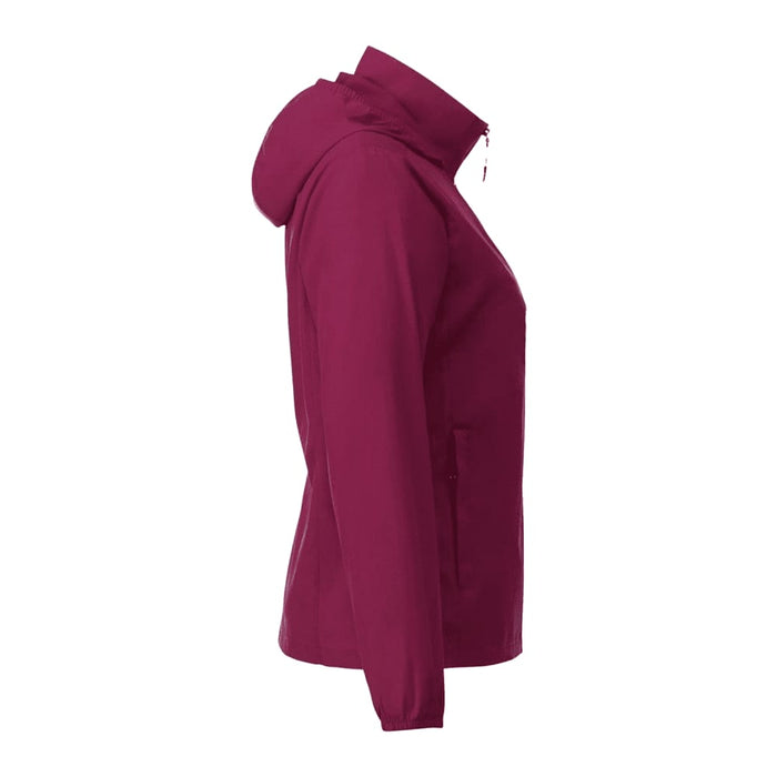 Women's TOBA Packable Jacket - A maroon women's packable rain jacket with a hood and a logo on the side.