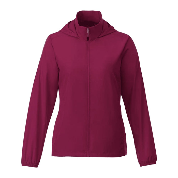 Women's TOBA Packable Jacket - A women's packable jacket in a rich burgundy colour, featuring a zip front and hood, with elasticised cuffs.