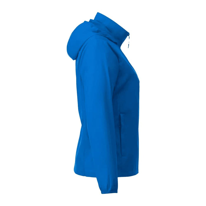 Women's TOBA Packable Jacket - A women's packable rain jacket in a vibrant blue, featuring a hood and side zip pocket. Includes a logo.