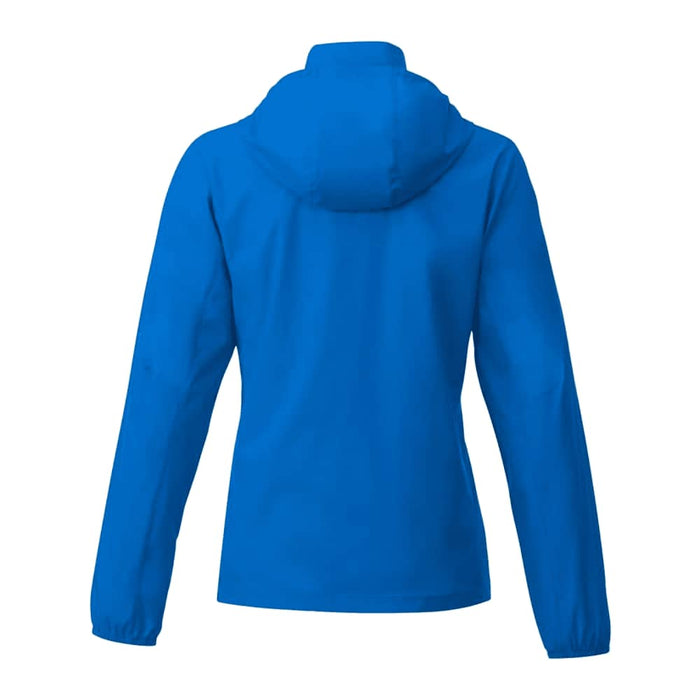 Women's TOBA Packable Jacket - A bright blue women's packable rain jacket featuring a hood and long sleeves, with a logo on the back.