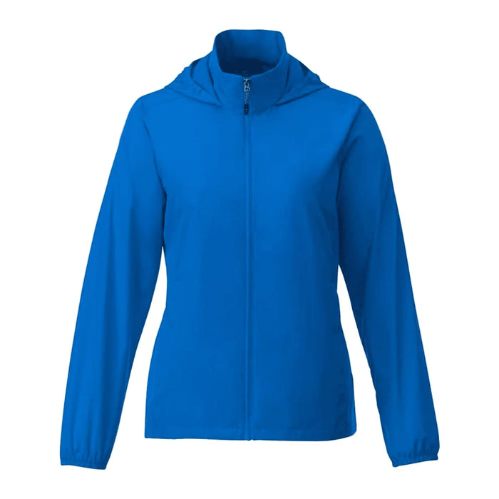 Women's TOBA Packable Jacket - A bright blue women's packable rain jacket with a hood and full zip front. It features long sleeves and a logo.