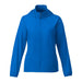 Women's TOBA Packable Jacket - A bright blue women's packable rain jacket with a hood and full zip front. It features long sleeves and a logo.
