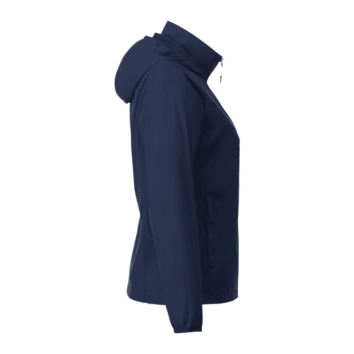 Women's TOBA Packable Jacket - A navy Women's TOBA Packable Jacket featuring a hood and a side zip pocket, with a logo on the front.