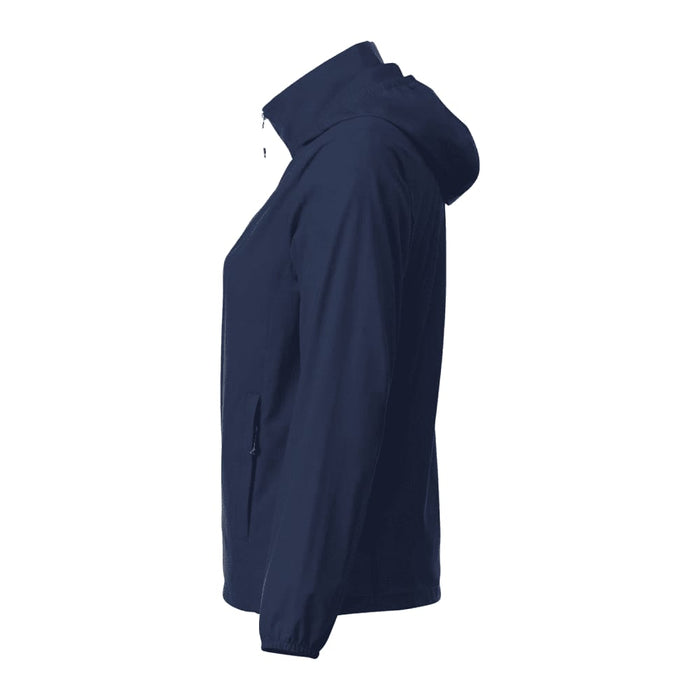 Women's TOBA Packable Jacket - A navy women's packable rain jacket with a hood, featuring a side view and a logo on the chest.