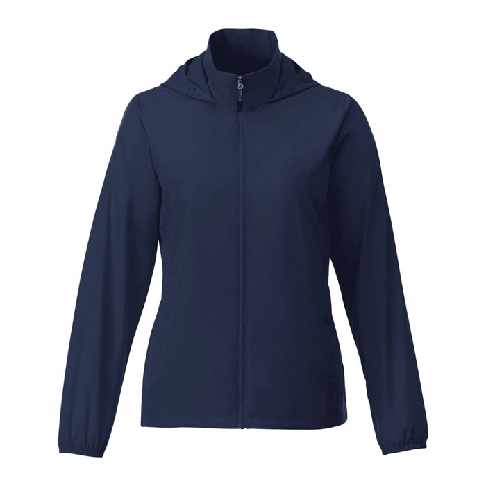 Women's TOBA Packable Jacket - A packable women's rain jacket in navy blue, featuring a hood and a zippered front, with an understated logo.