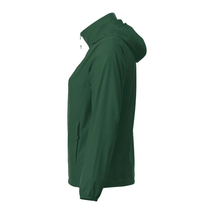 Women's TOBA Packable Jacket - A green women's TOBA packable rain jacket with a hood and side pockets. Features a branding logo.