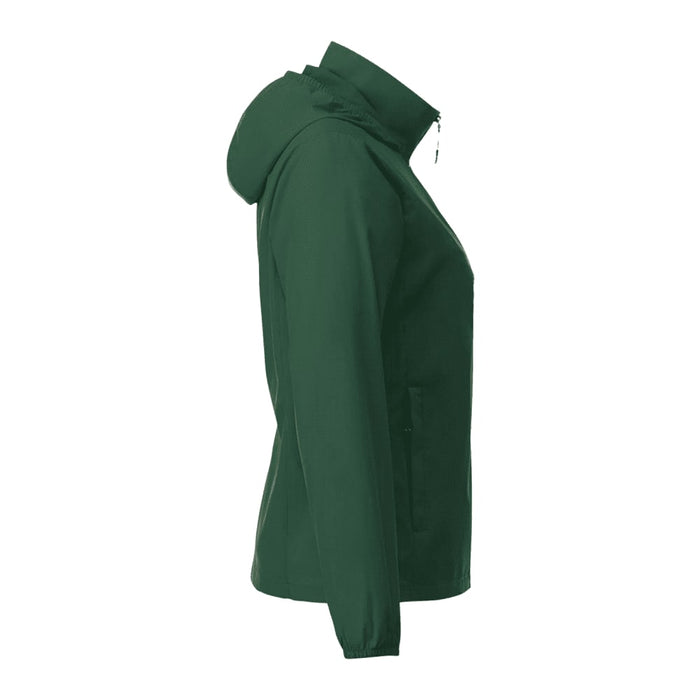 Women's TOBA Packable Jacket - A green women's packable rain jacket with a hood and zippered front, featuring side pockets and a logo.