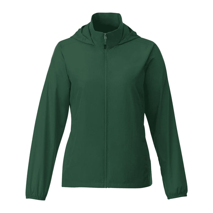 Women's TOBA Packable Jacket - A women's packable rain jacket in a rich green colour with a hood and front zip. Features a logo on the jacket.