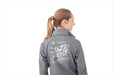 Women's TOBA Packable Jacket - A grey women's packable rain jacket featuring a logo and graphic design on the back.