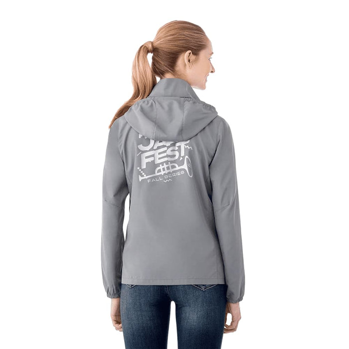 Women's TOBA Packable Jacket - A packable women's rain jacket in grey with a hood and a logo on the back.