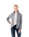 Women's TOBA Packable Jacket - A woman wearing a grey packable rain jacket with a zip and elastic cuffs, styled with jeans and a t-shirt.