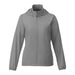 Women's TOBA Packable Jacket - A packable women's rain jacket in grey featuring a zip front and a hood, with elastic cuffs and a branding logo.