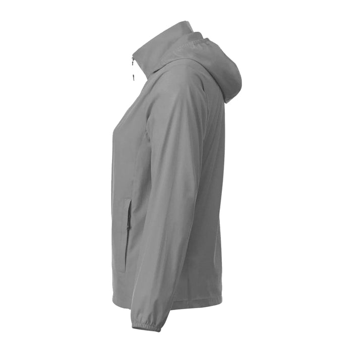 Women's TOBA Packable Jacket - A women's packable rain jacket in grey, featuring a hood and side pockets, with a logo present.