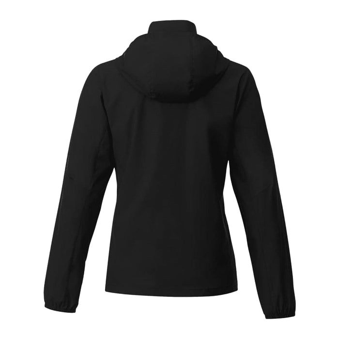 Women's TOBA Packable Jacket - A black packable rain jacket for women, featuring a hood and long sleeves. It has a logo on the back.