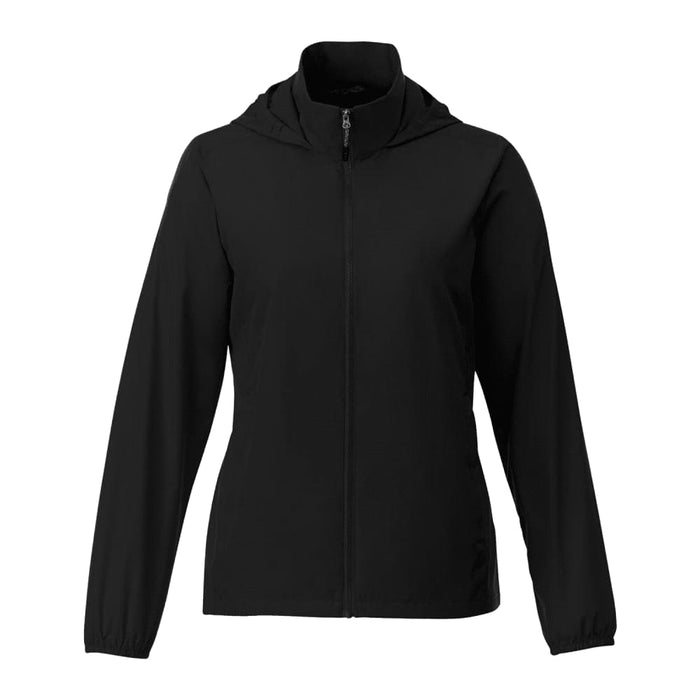 Women's TOBA Packable Jacket - A women's packable jacket in black, featuring a zipped front and a hood, designed for rain protection.